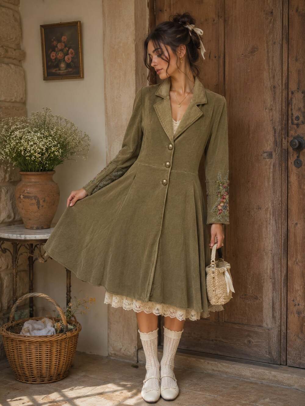 Aratta The Heart Of Autumn Coat Olive Green Velvet Floral Jacquard Cottagecore